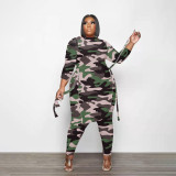 Plus Size Camo Print Split Top And Pants 2 Piece Sets PHF-13292
