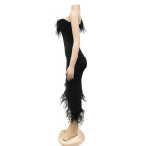 Sexy Feather One Shoulder Irregular Club Dress BY-5907