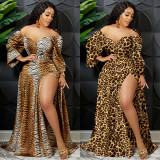 Sexy Printed V Neck Long Sleeve Split Sashes Maxi Dress BY-5889