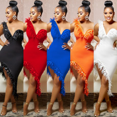 Sexy Feather One Shoulder Irregular Club Dress BY-5907