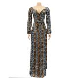 Sexy Printed V Neck Long Sleeve Split Sashes Maxi Dress BY-5889