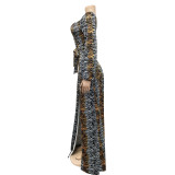 Sexy Printed V Neck Long Sleeve Split Sashes Maxi Dress BY-5889