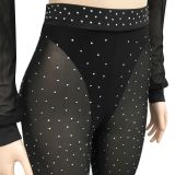 Sexy Hot Drilling Crop Top+Pants+Briefs 3 Piece Sets BY-5869