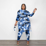 Plus Size Camo Print Split Top And Pants 2 Piece Sets PHF-13292