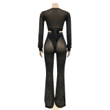 Sexy Hot Drilling Crop Top+Pants+Briefs 3 Piece Sets BY-5869