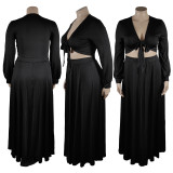 Plus Size Solid Long Sleeve Big Swing Maxi Skirt 2 Piece Sets TE-4461