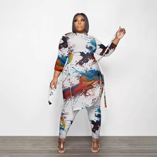 Plus Size Camo Print Split Top And Pants 2 Piece Sets PHF-13292