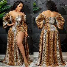 Sexy Printed V Neck Long Sleeve Split Sashes Maxi Dress BY-5889