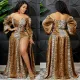 Sexy Printed V Neck Long Sleeve Split Sashes Maxi Dress BY-5889