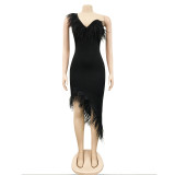 Sexy Feather One Shoulder Irregular Club Dress BY-5907