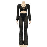 Sexy Hot Drilling Crop Top+Pants+Briefs 3 Piece Sets BY-5869