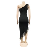 Sexy Feather One Shoulder Irregular Club Dress BY-5907