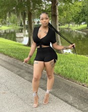 Solid Crop Top Drawstring Shorts 2 Piece Sets QZX-6261