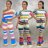 Colorful Striped Crop Top And Pants 2 Piece Sets ONY-7025