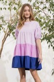 Plus Size Contrast Color Patchwork Short Sleeve Dress WAF-77484