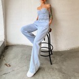 Plus Size Denim Tube Top And Pants 2 Piece Sets YMEF-5075