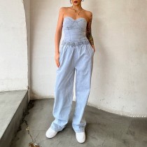 Plus Size Denim Tube Top And Pants 2 Piece Sets YMEF-5075