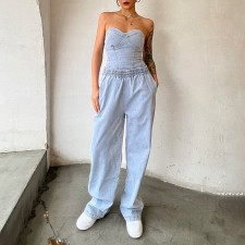 Plus Size Denim Tube Top And Pants 2 Piece Sets YMEF-5075