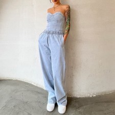 Plus Size Denim Tube Top And Pants 2 Piece Sets YMEF-5075