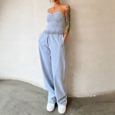 Plus Size Denim Tube Top And Pants 2 Piece Sets YMEF-5075