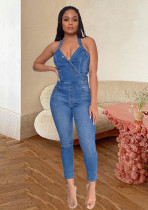 Denim Halter Backless Jeans Jumpsuit LX-6944