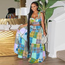 Colorful Plaid Print Cami Top+Big Swing Maxi Skirt 2 Piece Sets ZSD-0491