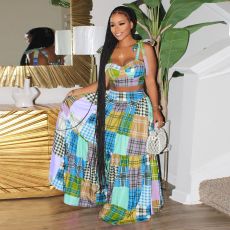 Colorful Plaid Print Cami Top+Big Swing Maxi Skirt 2 Piece Sets ZSD-0491