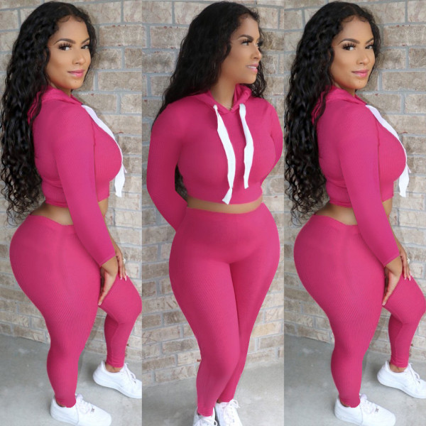 Solid Hooded Crop Top And Pants 2 Piece Sets DDF-8024