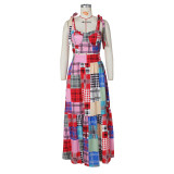 Colorful Plaid Print Cami Top+Big Swing Maxi Skirt 2 Piece Sets ZSD-0491