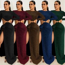 Sexy Long Sleeve Backless High Split Hollow Maxi Evening Dress BY-5909