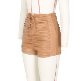 PU Leather High Waist Ruched Lace-Up Shorts ZSD-0493