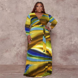 Plus Size Printed V Neck Long Sleeve Sashes Maxi Dress OSIF-22426