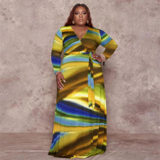 Plus Size Printed V Neck Long Sleeve Sashes Maxi Dress OSIF-22426