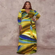 Plus Size Printed V Neck Long Sleeve Sashes Maxi Dress OSIF-22426