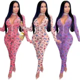 Butterfly Print Mesh Long Sleeve Zipper Jumpsuit SH-390379