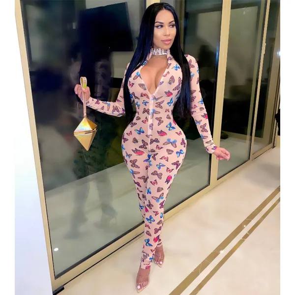 Butterfly Print Mesh Long Sleeve Zipper Jumpsuit SH-390379