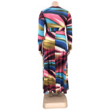 Plus Size Printed V Neck Long Sleeve Sashes Maxi Dress OSIF-22426
