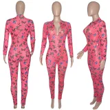 Butterfly Print Mesh Long Sleeve Zipper Jumpsuit SH-390379