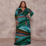 Plus Size Printed V Neck Long Sleeve Sashes Maxi Dress OSIF-22426