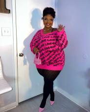 Plus Size Knit Letter Ripped V Neck Sweater Top OSM-5308