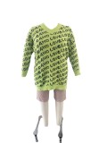 Plus Size Knit Letter Ripped V Neck Sweater Top OSM-5308