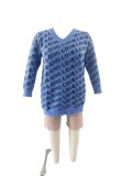 Plus Size Knit Letter Ripped V Neck Sweater Top OSM-5308