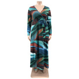 Plus Size Printed V Neck Long Sleeve Sashes Maxi Dress OSIF-22426