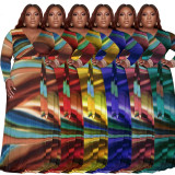 Plus Size Printed V Neck Long Sleeve Sashes Maxi Dress OSIF-22426