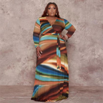 Plus Size Printed V Neck Long Sleeve Sashes Maxi Dress OSIF-22426