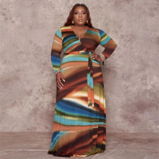 Plus Size Printed V Neck Long Sleeve Sashes Maxi Dress OSIF-22426