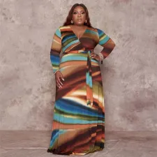 Plus Size Printed V Neck Long Sleeve Sashes Maxi Dress OSIF-22426