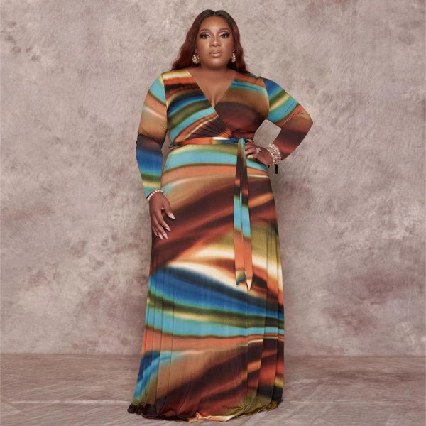 Plus Size Printed V Neck Long Sleeve Sashes Maxi Dress OSIF-22426