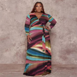 Plus Size Printed V Neck Long Sleeve Sashes Maxi Dress OSIF-22426