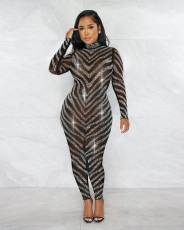 Shiny Rhinestones Mesh Long Sleeve Jumpsuit ME-8168